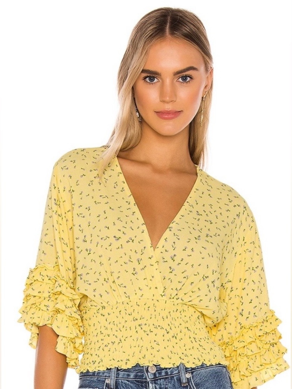 Faithfull the Brand Yellow Floral Smocked Ruffle-Sleeve Cropped Top
